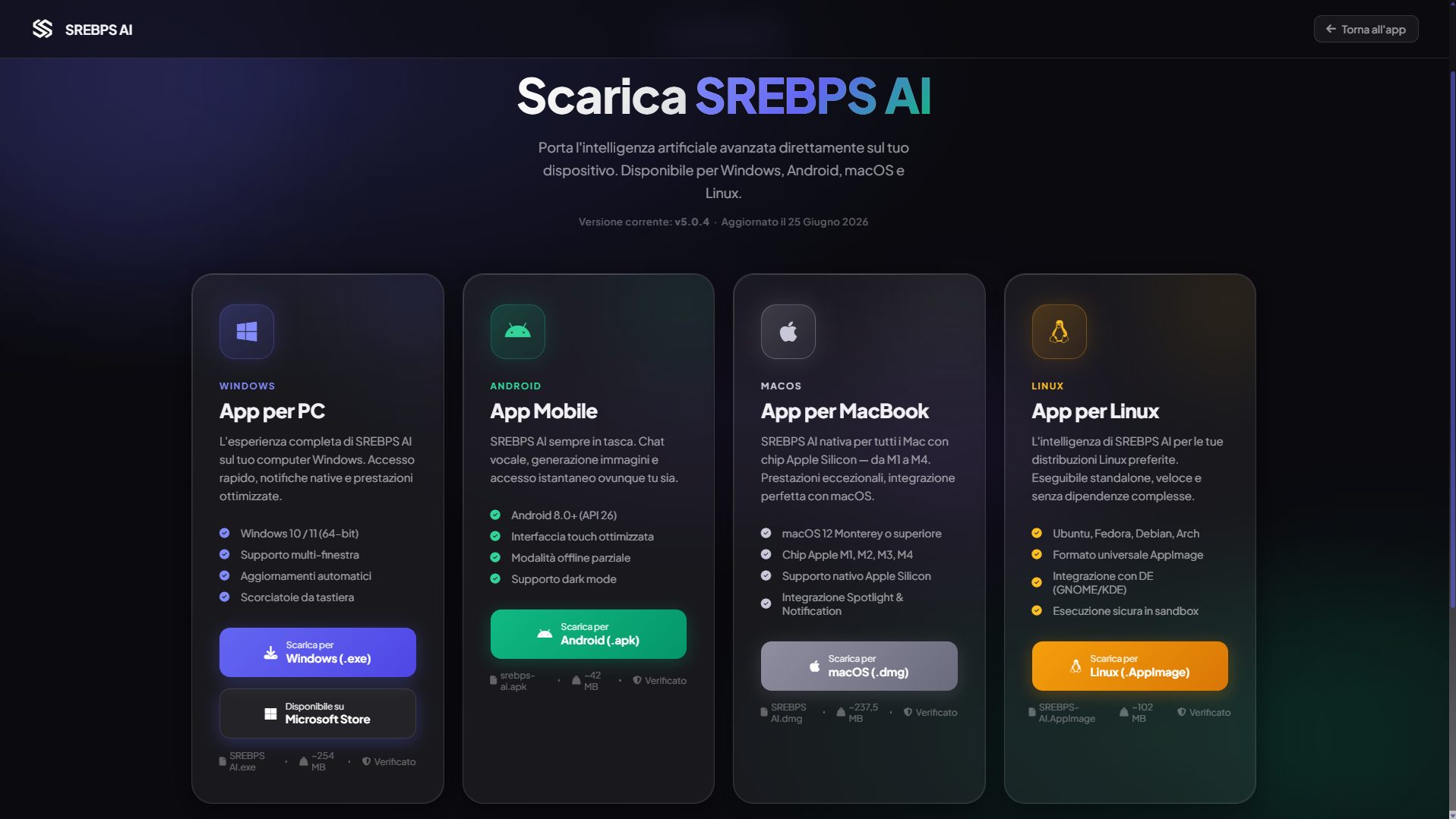 Pagina download di SREBPS AI con le versioni per tutti i sistemi operativi